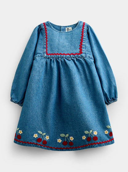 Dsiney Kidz - JoJo Maman Bébé Denim Cherry Embroidered Denim Dress & Quilted Waistcoat image 4
