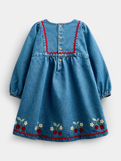 Dsiney Kidz - JoJo Maman Bébé Denim Cherry Embroidered Denim Dress & Quilted Waistcoat image 5