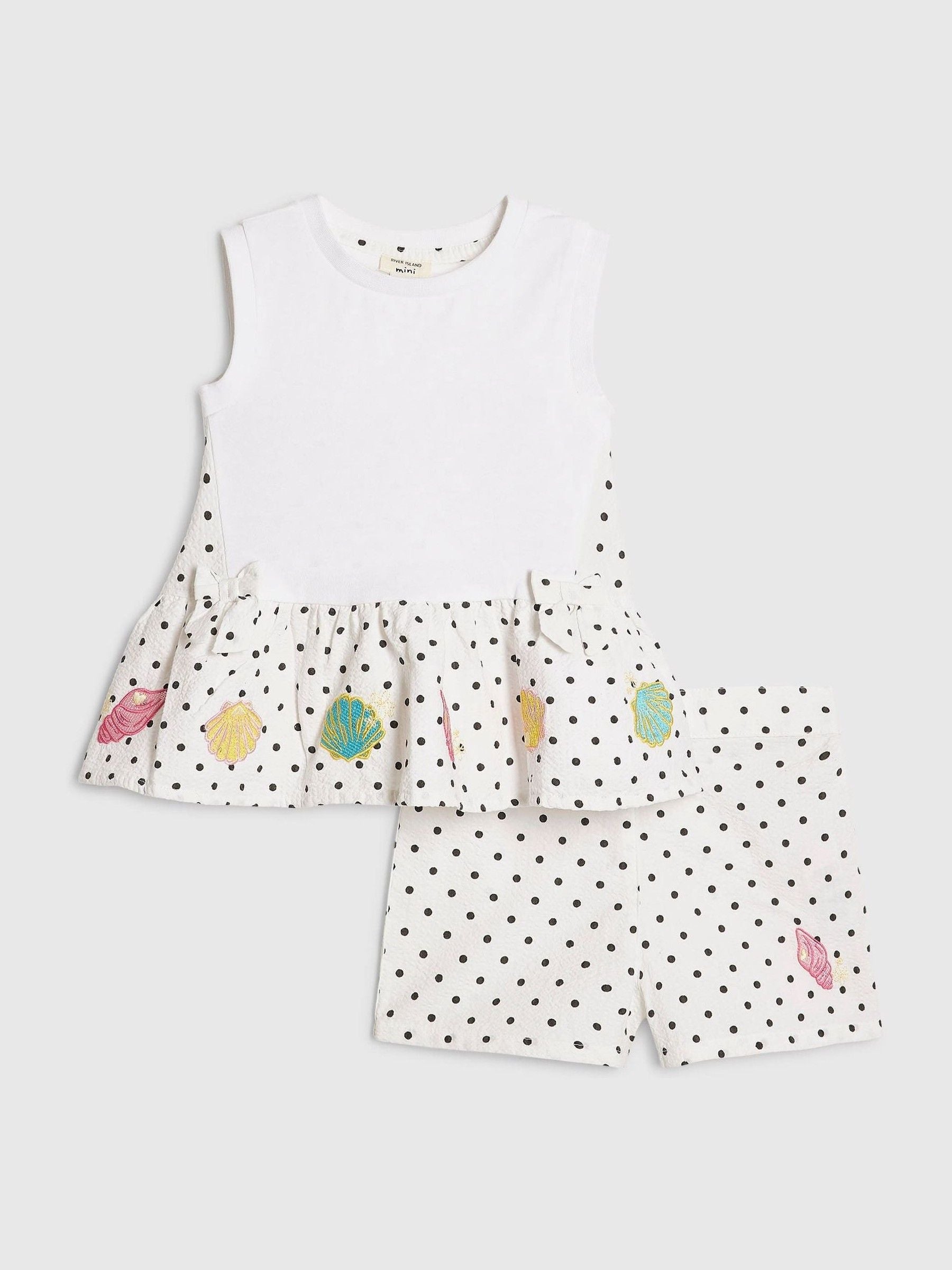 River Island White Polka Dot Frill Top & Shorts Set image 1