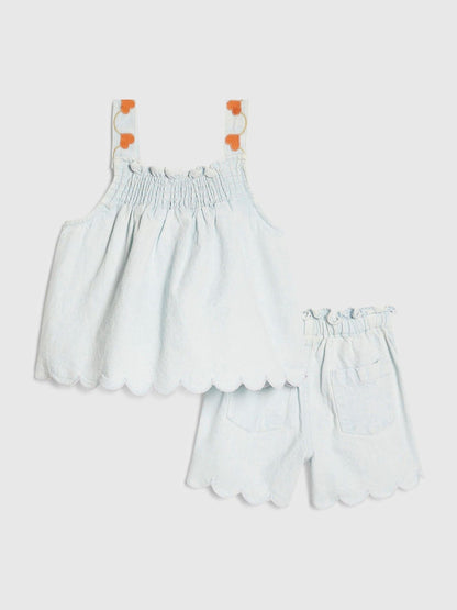 River Island Blue Denim Heart Frill Top & Shorts Set image 2