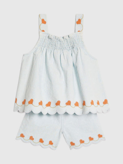 River Island Blue Denim Heart Frill Top & Shorts Set image 3