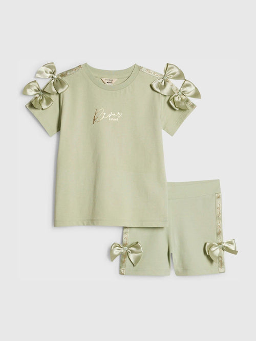 River Island Green Satin Bow Top & Cycle Shorts Set image 1