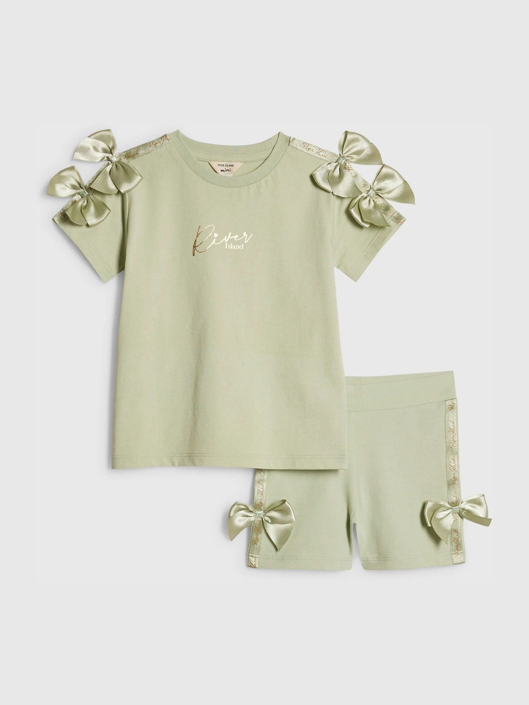 River Island Green Satin Bow Top & Cycle Shorts Set image 1