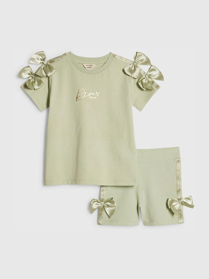 River Island Green Satin Bow Top & Cycle Shorts Set image 1