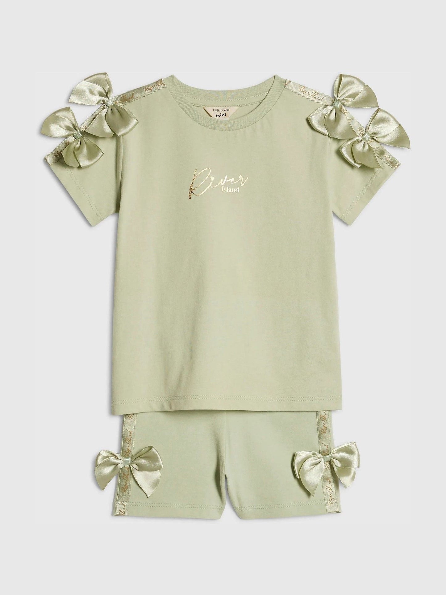 River Island Green Satin Bow Top & Cycle Shorts Set image 3