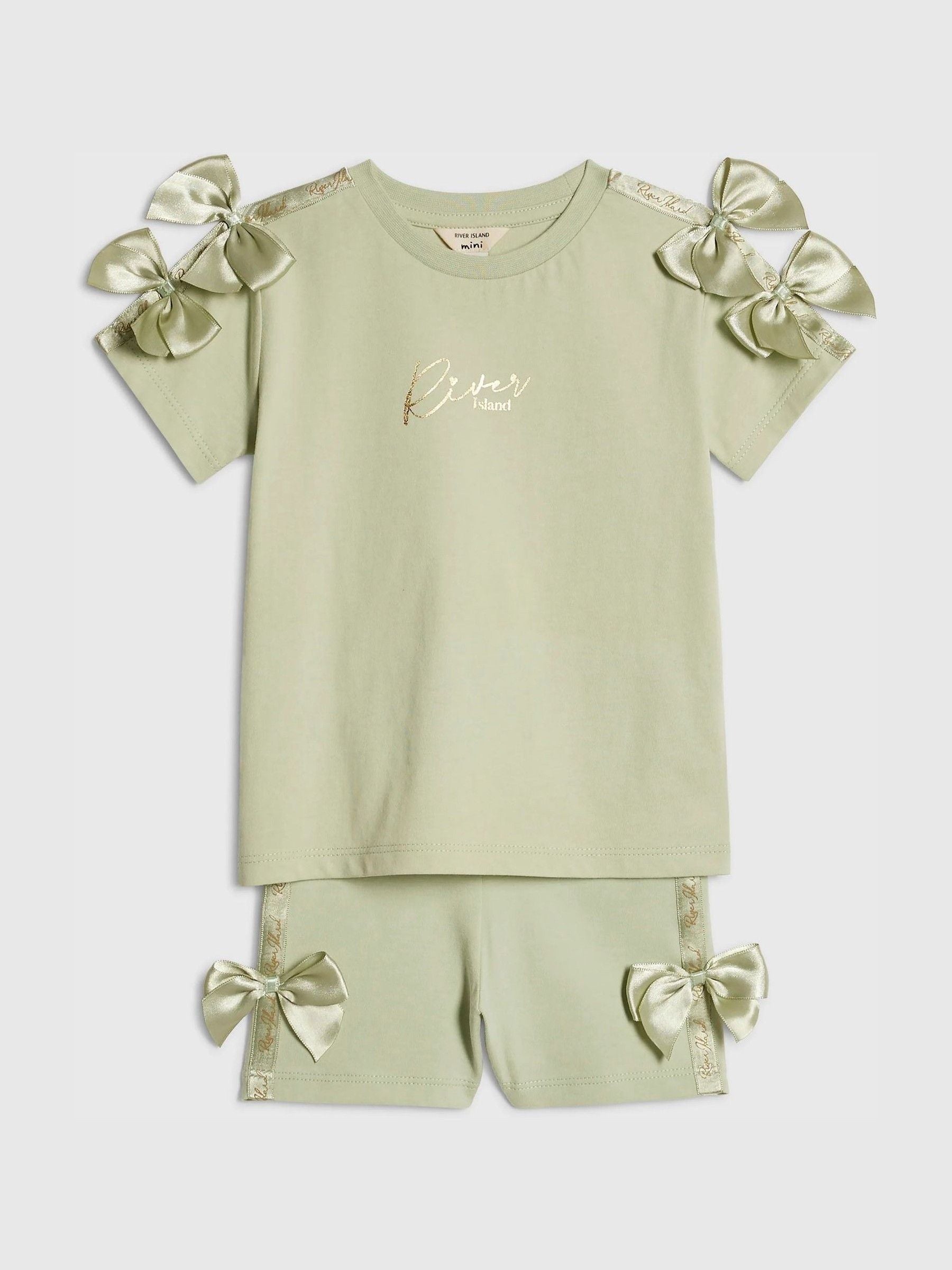 River Island Green Satin Bow Top & Cycle Shorts Set image 3