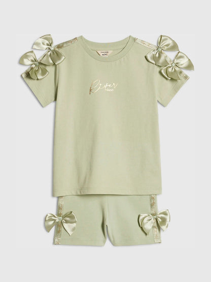 River Island Green Satin Bow Top & Cycle Shorts Set image 3