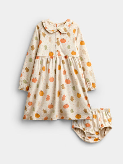 Dsiney Kidz - JoJo Maman Bébé Oatmeal Pumpkin Collared Printed Baby Dress & Knicker Set image 1