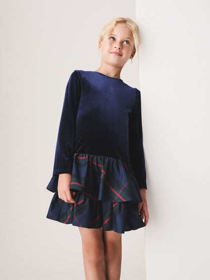 Navy Check Velour Dress (3-16yrs) - image 1