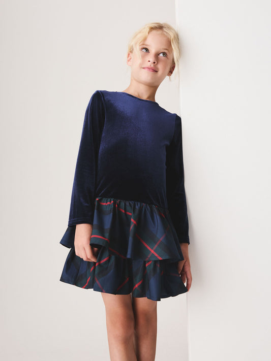 Navy Check Velour Dress (3-16yrs) - image 1
