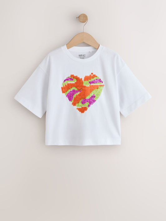 Dsiney Kidz - White Pastel Boxy Sequin Heart T-Shirt (3-16yrs) image 1