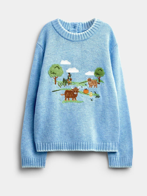 Dsiney Kidz - JoJo Maman Bébé Blue Highland Cow Embroidered Jumper image 1
