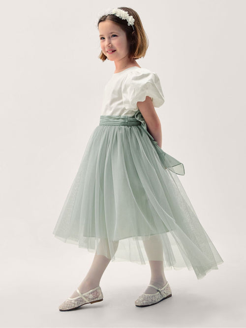 Dsiney Kidz - Monsoon Sage Green Puff Sleeve Satin Tulle Dress image 1