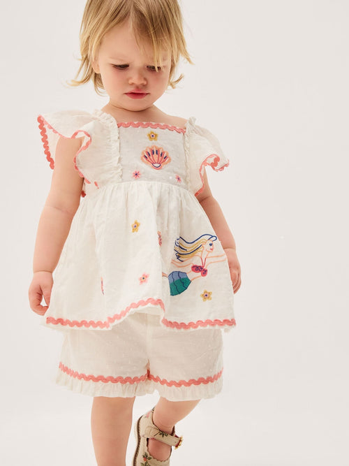 Dsiney Kidz - Monsoon Cream Baby Mermaid Embroidered Top & Shorts image 1