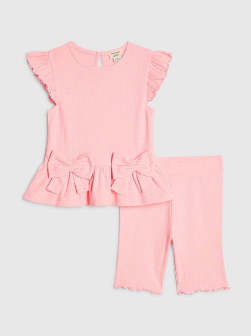 River Island Pink Peplum Bow Top & Rib Shorts Set image 1