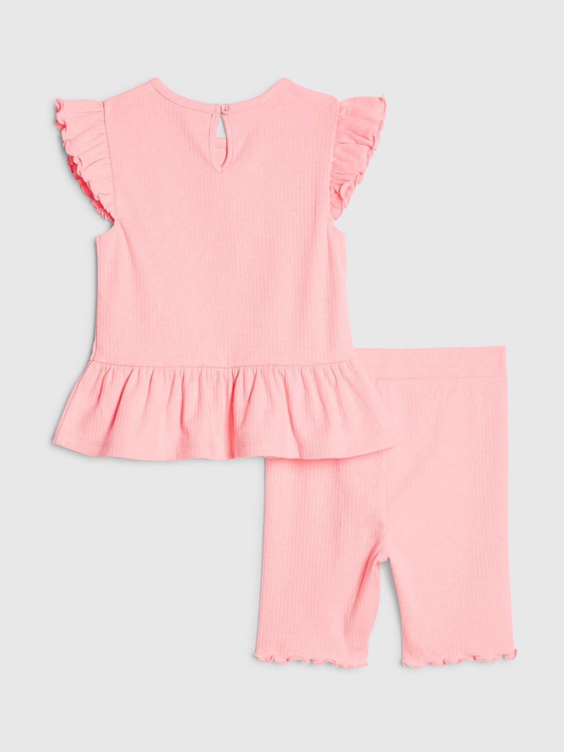 River Island Pink Peplum Bow Top & Rib Shorts Set image 2
