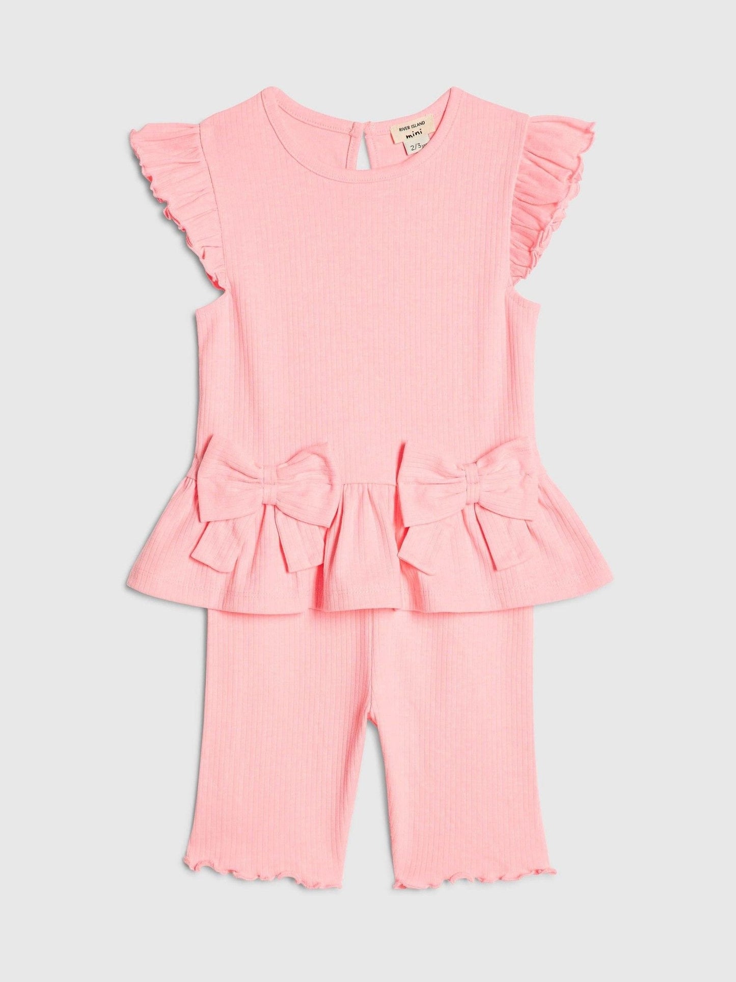 River Island Pink Peplum Bow Top & Rib Shorts Set image 3