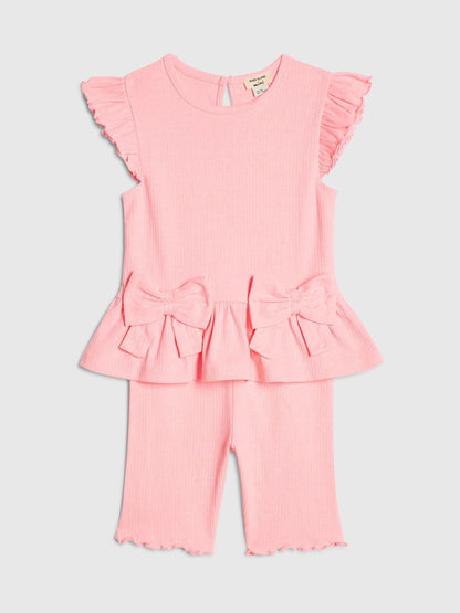 River Island Pink Peplum Bow Top & Rib Shorts Set image 3