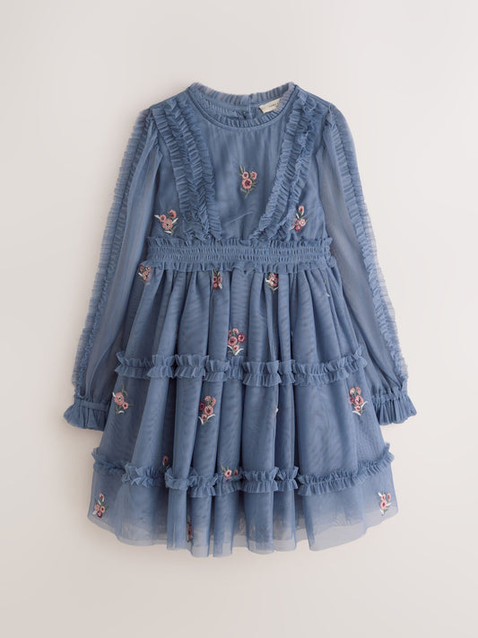 Laura Ashley Blue Embroidered Mesh Tiered Floral Dress - image 1