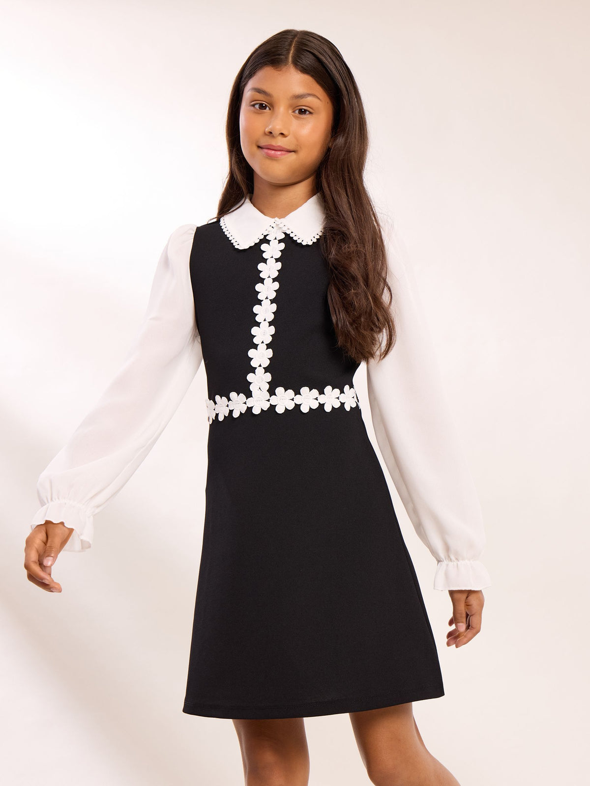 Lipsy Black/White 2-in-1 Long Sleeve Flower Trim Dress (5-16yrs) - image 1