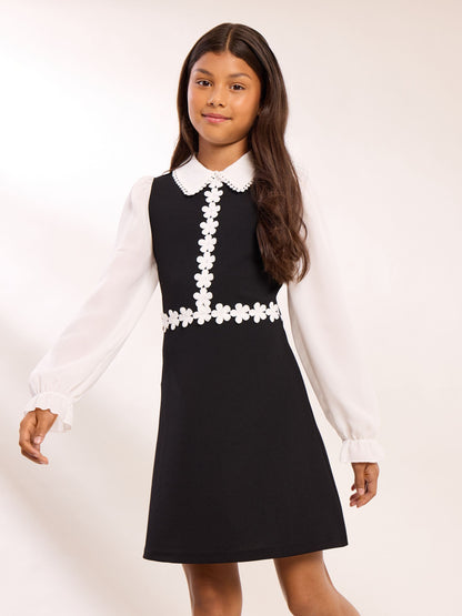 Lipsy Black/White 2-in-1 Long Sleeve Flower Trim Dress (5-16yrs) - image 1