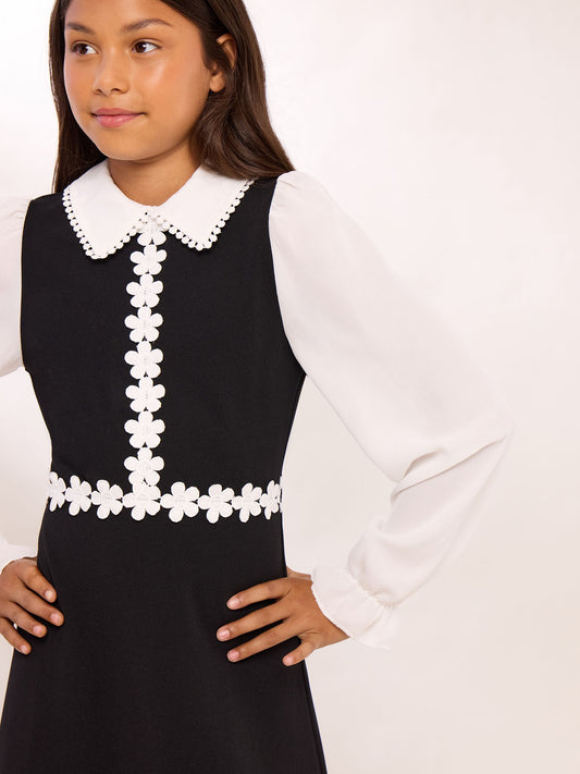 Lipsy Black/White 2-in-1 Long Sleeve Flower Trim Dress (5-16yrs) - image 2