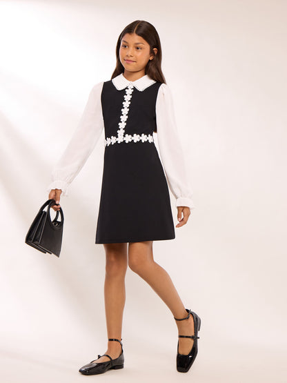 Lipsy Black/White 2-in-1 Long Sleeve Flower Trim Dress (5-16yrs) - image 3