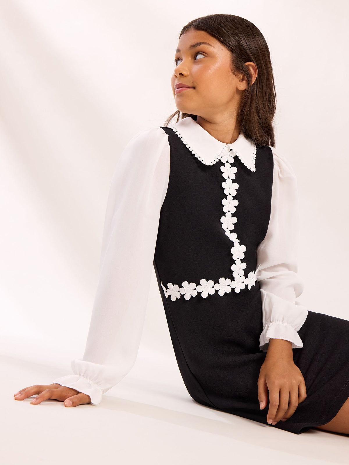 Lipsy Black/White 2-in-1 Long Sleeve Flower Trim Dress (5-16yrs) - image 4