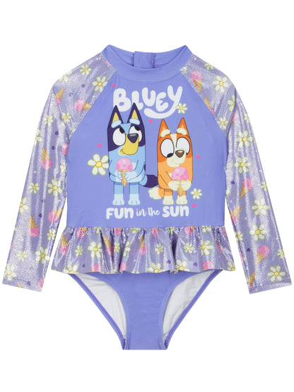 Character Purple Bluey And Bingo Long Sleeve Swimsuit With Frill Skirt image 1