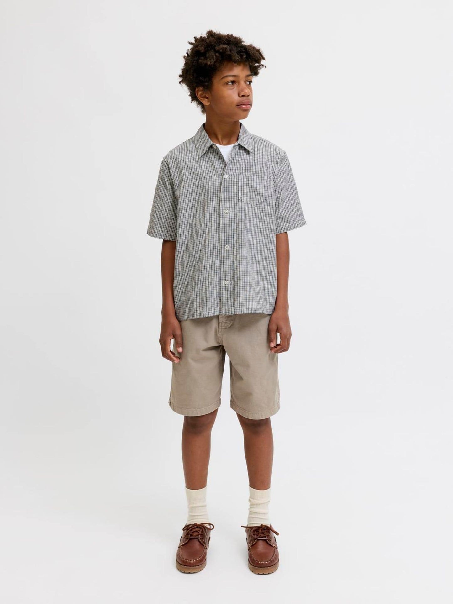 Dsiney Kidz - JACK & JONES Junior Grey Mini Checked Short Sleeved Shirt with Back Embroidery image 1