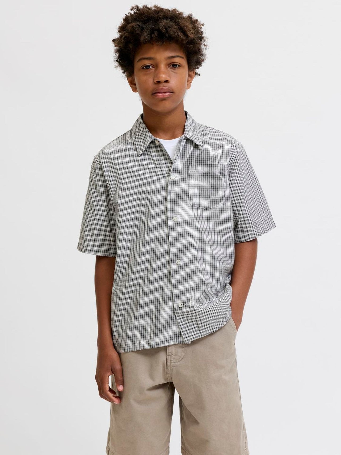 Dsiney Kidz - JACK & JONES Junior Grey Mini Checked Short Sleeved Shirt with Back Embroidery image 3