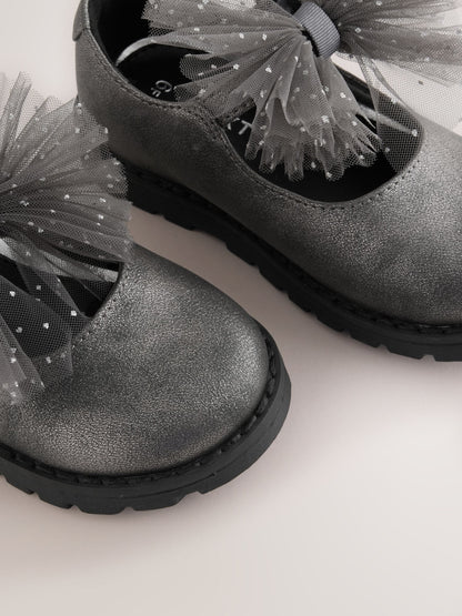 Dsiney Kidz - Pewter Silver Shimmer Wide Fit (G) Chunky Bow Mary Jane Shoes image 4