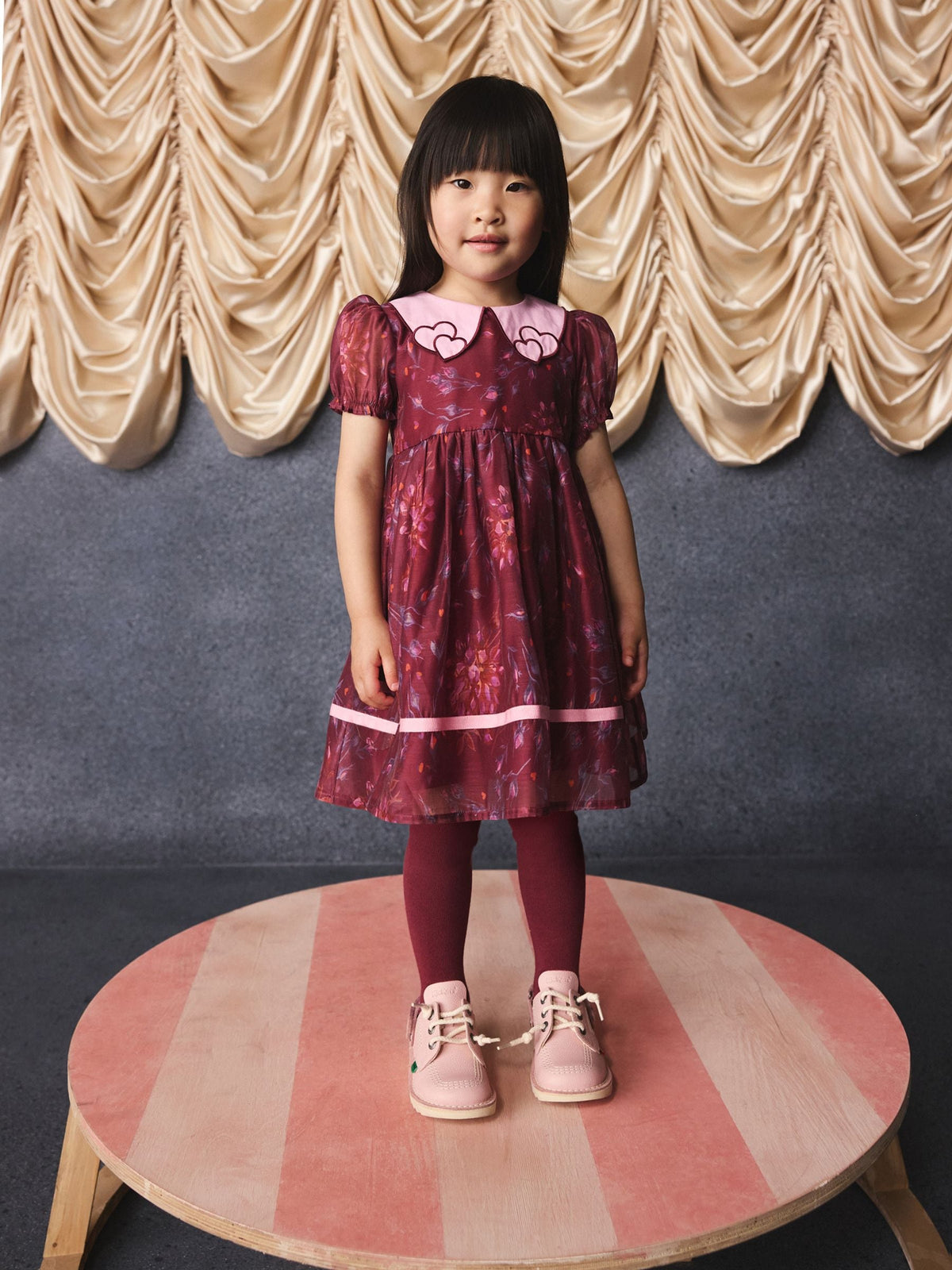 Dsiney Kidz - Burgundy Floral Embroidered Collar Puff Sleeve Occasion Dress (3mths-8yrs) image 1