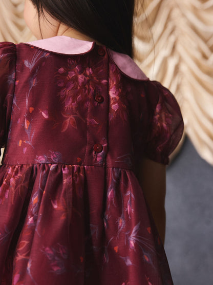 Dsiney Kidz - Burgundy Floral Embroidered Collar Puff Sleeve Occasion Dress (3mths-8yrs) image 11