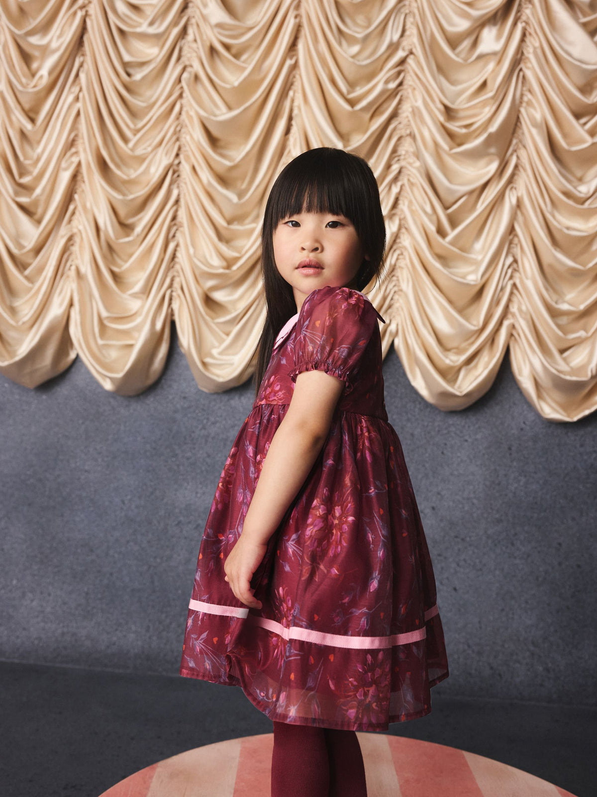 Dsiney Kidz - Burgundy Floral Embroidered Collar Puff Sleeve Occasion Dress (3mths-8yrs) image 4