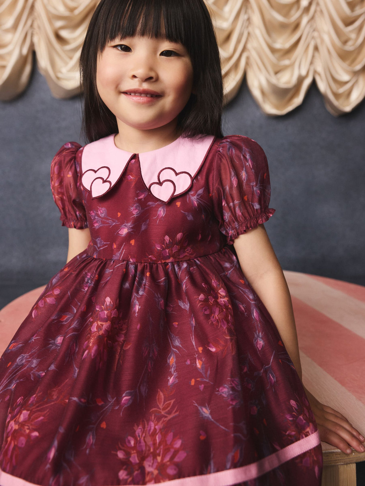 Dsiney Kidz - Burgundy Floral Embroidered Collar Puff Sleeve Occasion Dress (3mths-8yrs) image 7