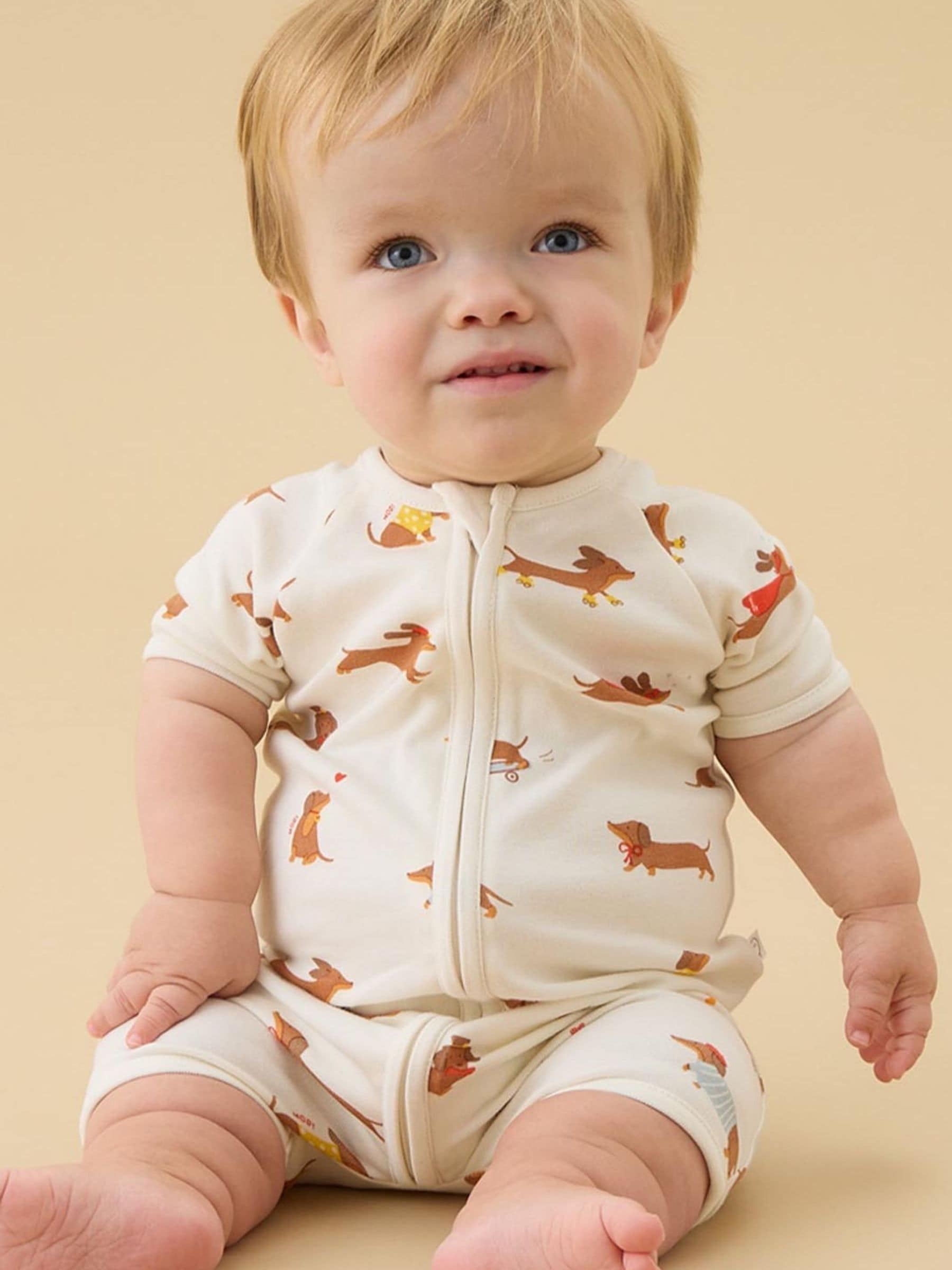 MORI Cream Sausage Dog Supersoft Summer Zip Up Romper image 1
