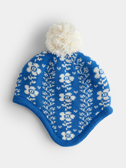 JoJo Maman Bébé Blue Floral Pom Pom Knitted Hat - image 1