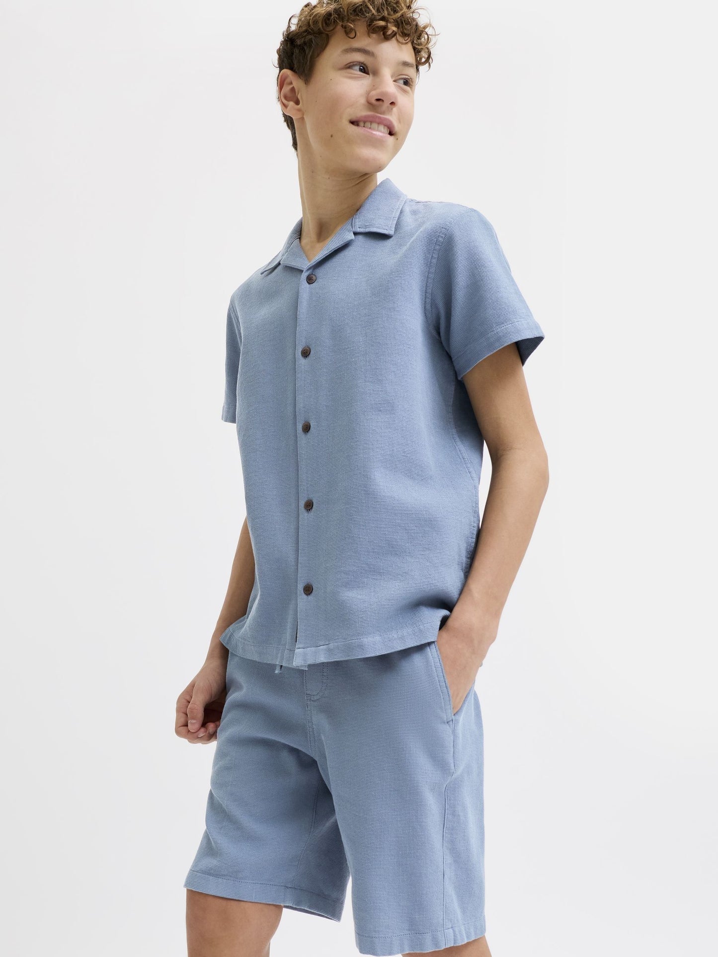Dsiney Kidz - JACK & JONES JUNIOR Light Blue Resort Collar Short Sleeve Shirt and Short Textured Set image 1