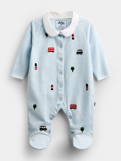 Jojo Maman Bébé Blue London Embroidered Sleepsuit & Hat - image 1