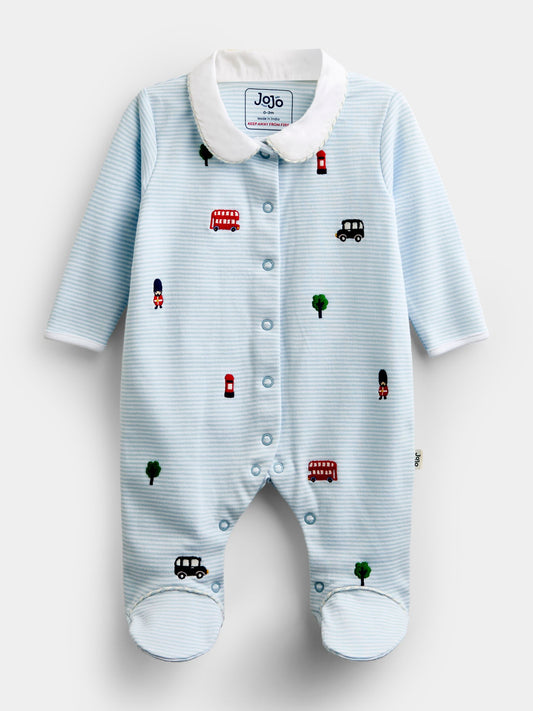 Jojo Maman Bébé Blue London Embroidered Sleepsuit & Hat - image 1