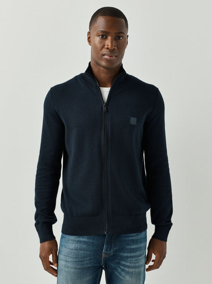 BOSS Navy Blue Regular Fit Logo Full Zip Cotton Cashmere Knitted Jumper - image 1