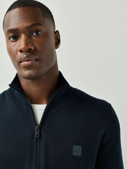 BOSS Navy Blue Regular Fit Logo Full Zip Cotton Cashmere Knitted Jumper - image 3