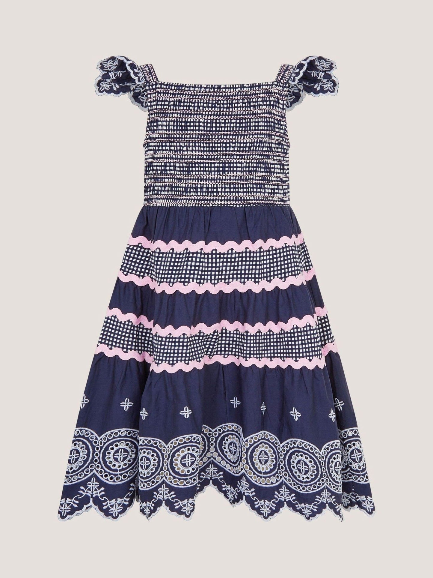 Monsoon Blue Broderie Smocked Jersey Dress image 1