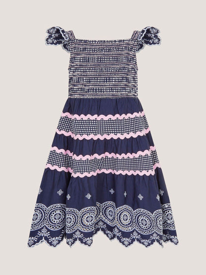 Monsoon Blue Broderie Smocked Jersey Dress image 1