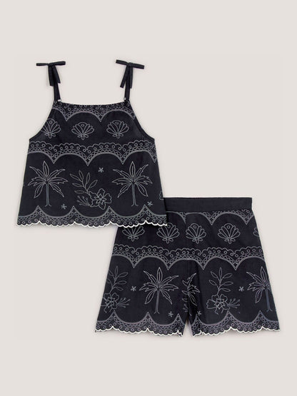 Dsiney Kidz - Monsoon Black Palm Embroidered Top & Shorts Set image 1