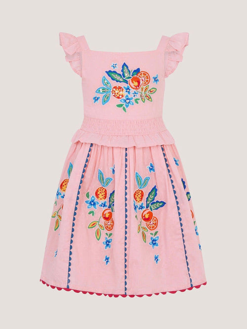 Dsiney Kidz - Monsoon Pink Embroidered Fruit Frill Scallop Edge Dress image 1
