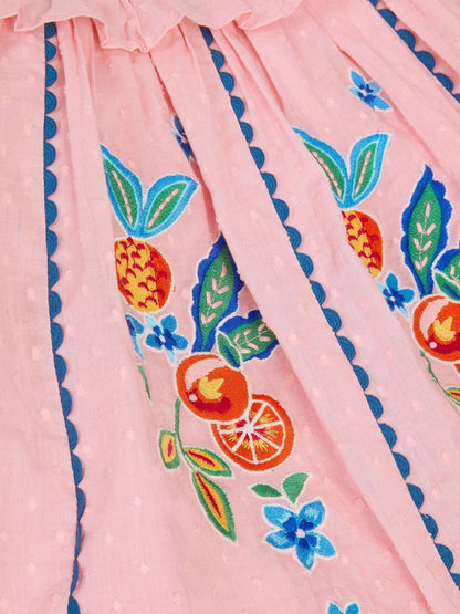 Monsoon Pink Embroidered Fruit Frill Scallop Edge Dress image 2
