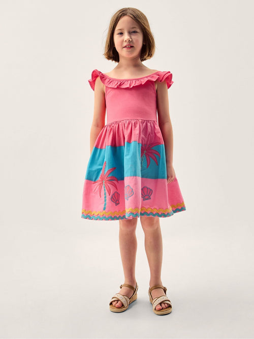 Dsiney Kidz - Monsoon Pink Shell Embroidered Colourblock Dress image 1