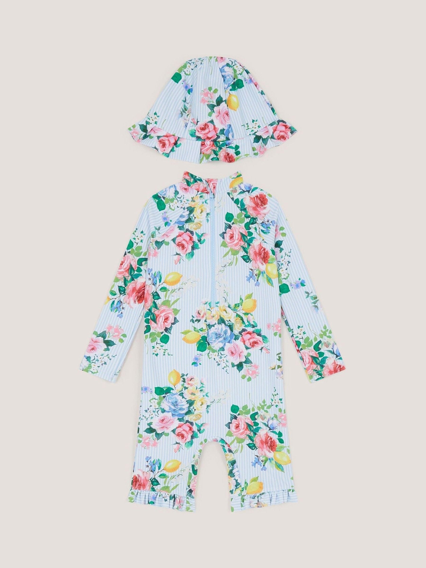 Monsoon Blue Baby Floral Stripe UPF50+ Swimsuit & Sun Hat image 1